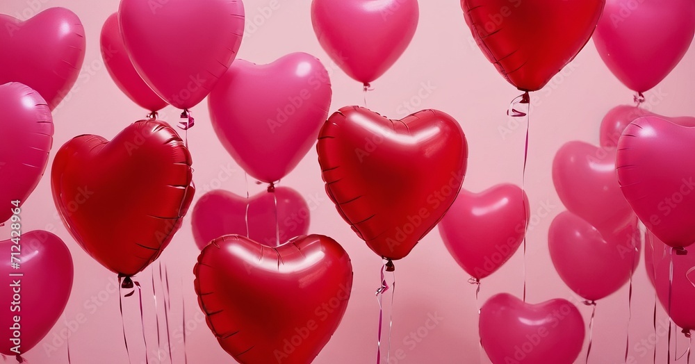 Red and pink heart-shaped balloons on a light background. Romantic and festive atmosphere. Concept for Holiday, Birthday, Wedding, Valentine's Day