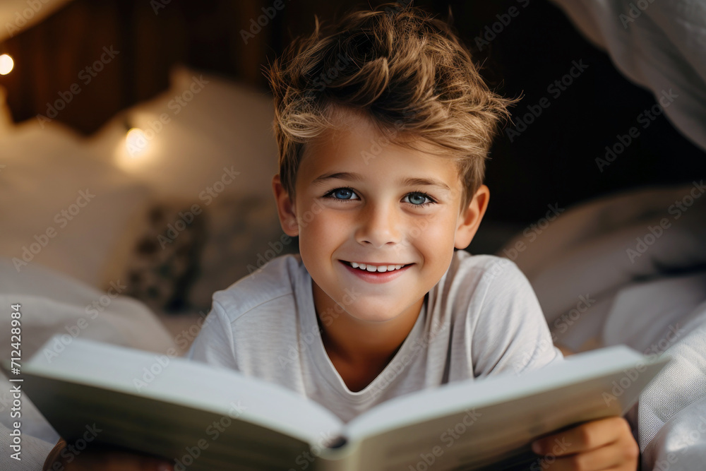 Smiling little boy reading book in bed at home Smiling little boy reading book in bed at home