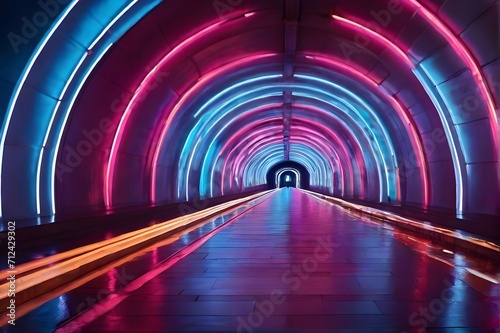 tunnel illuminated by colorful vibrant neon lights, background 