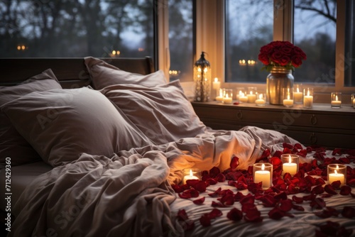 Soft bed covered with red rose petals. Romantic bedroom setting for anniversary or Valentine's Day.