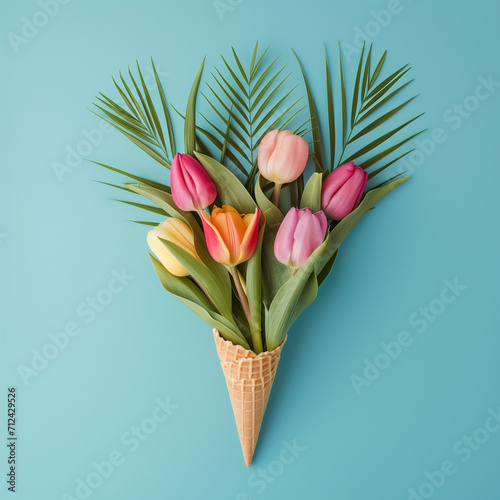 Ice cream cone with tulip flowers and palm leaves. Flat lay. Spring holidays concept. © Femmes.Digital