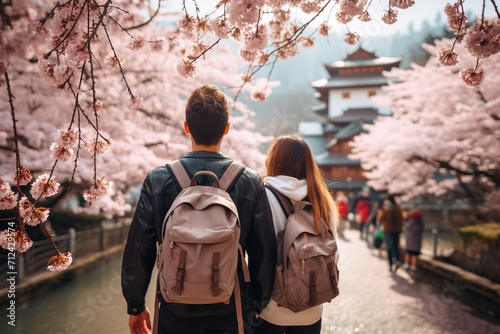 桜満開の日本を観光する外国人旅行客 photo