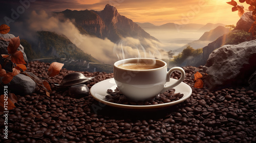 hot coffee with beans in a beautiful asian inspired landscape