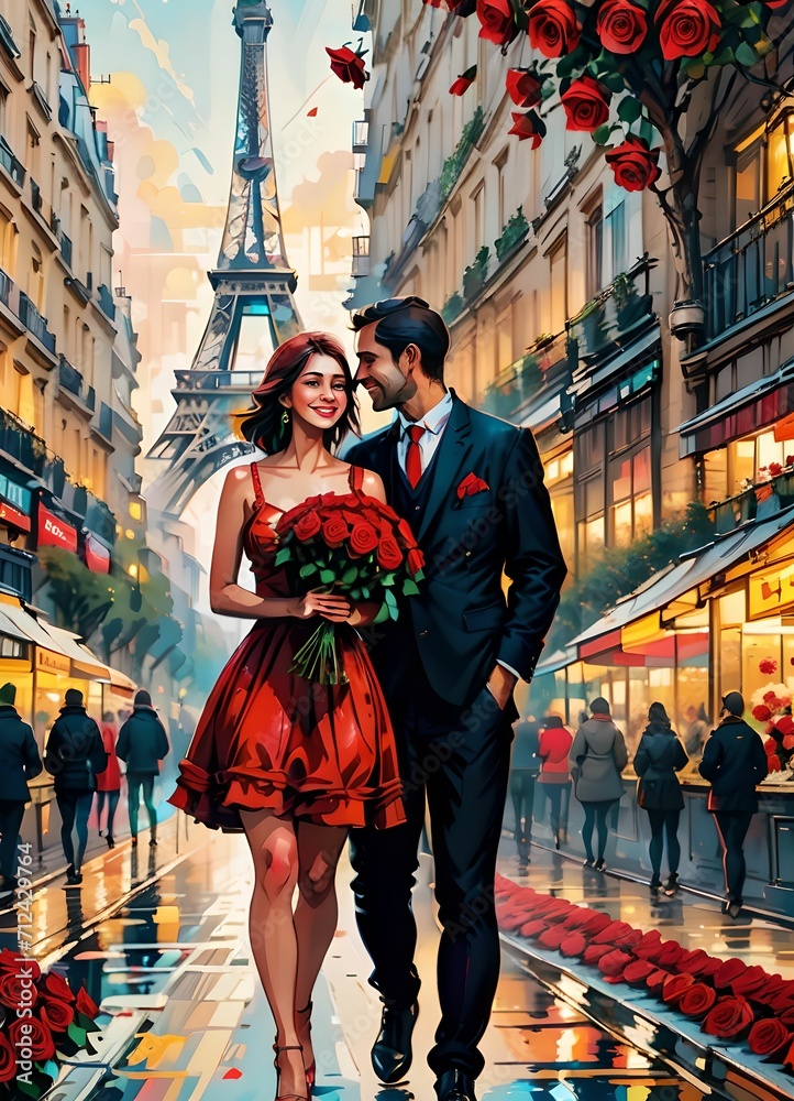 un jeune couple moderne, fetent la saint valentin avec un bouquet de rose rouge a le main, dans les rue de Paris. Avec en arrière plan la Tour Eiffel. Dans un style abstrait un jeune couple moderne, fetent la saint valentin avec un bouquet de rose rouge a le main, dans les rue de Paris. Avec en arrière plan la Tour Eiffel. Dans un style abstrait