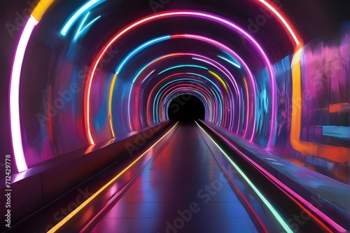 tunnel illuminated by colorful vibrant neon lights, background