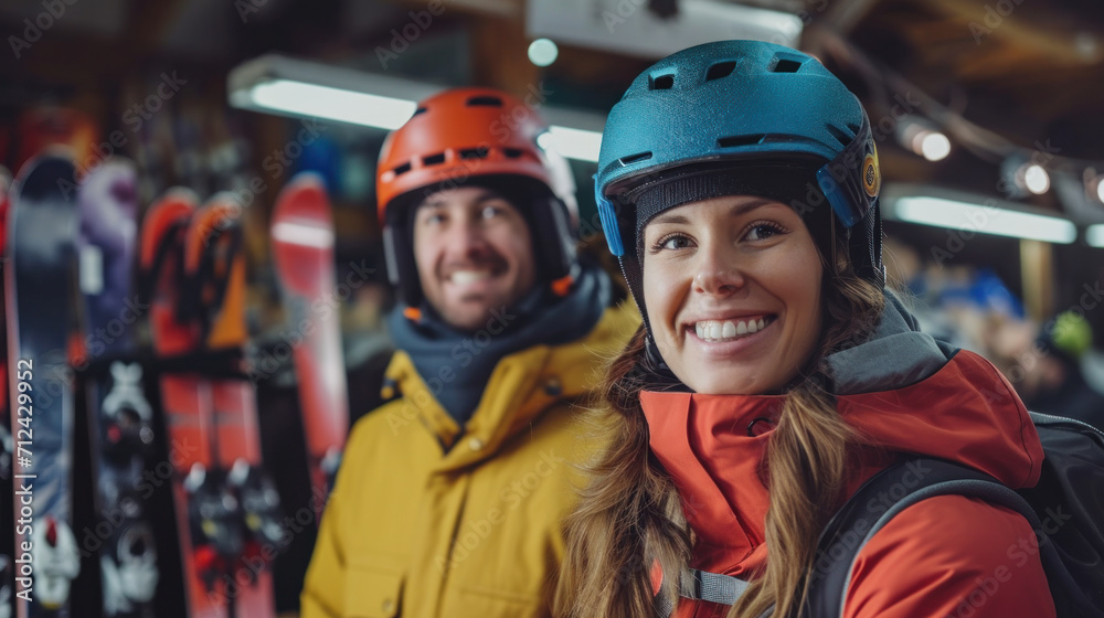 Portrait of smiling woman and man in ski equipment who is standing with ski, helmets and boots in sport shop Portrait of smiling woman and man in ski equipment who is standing with ski, helmets and boots in sport shop