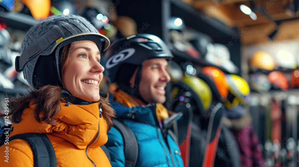 Portrait of smiling woman and man in ski equipment who is standing with ski, helmets and boots in sport shop Portrait of smiling woman and man in ski equipment who is standing with ski, helmets and boots in sport shop