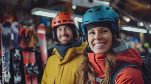 Portrait of smiling woman and man in ski equipment who is standing with ski, helmets and boots in sport shop