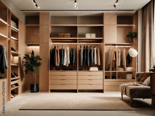 Modern minimalist men walk-in wardrobes with clothes hanging on rods, shelves, and drawers. Dressing room with space for storing and organizing accessories.