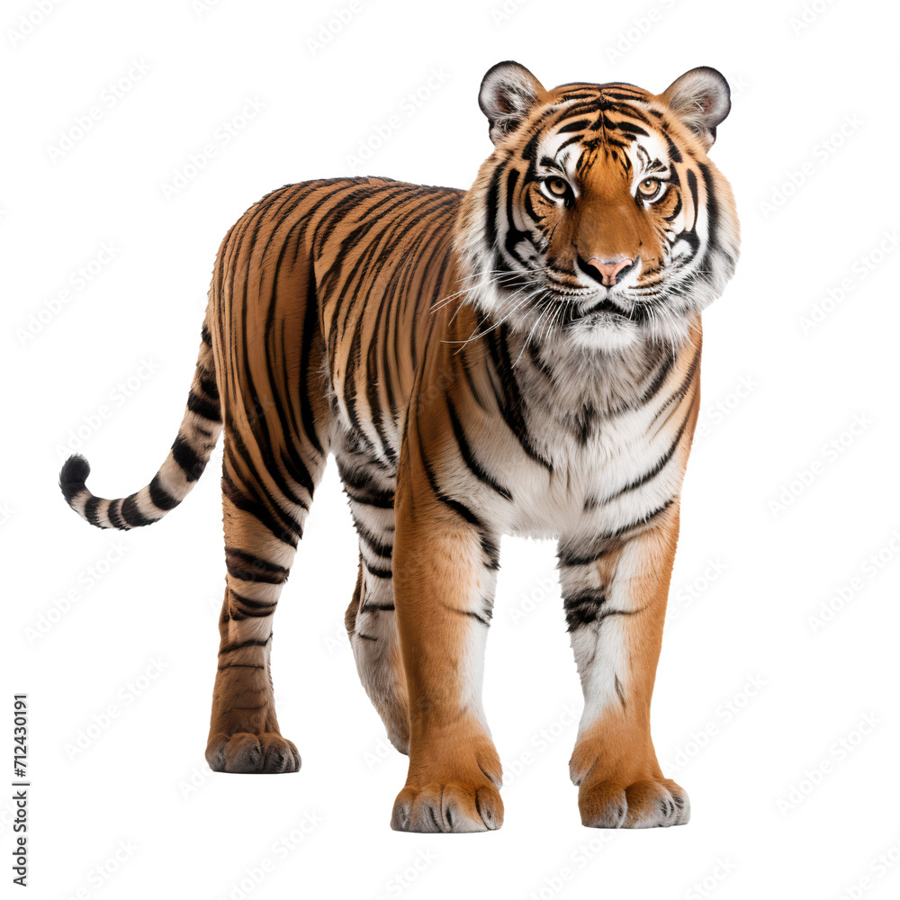 Portrait of a tiger standing isolated on white background