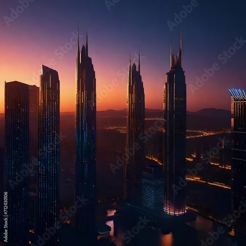 A futuristic cityscape at dusk, where sleek skyscrapers pierce the sky, illuminated by the warm hues of a setting sun. © Ghouri