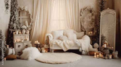 A serene scene with soft decorative light  an empty sofa  and inviting indoor ambiance  creating a tranquil and cozy space