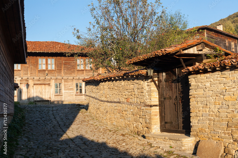 Old wooden houses in Zheravna (Jeravna). The village is an architectural reserve of Bulgarian National Revival period (18th and 19th century)