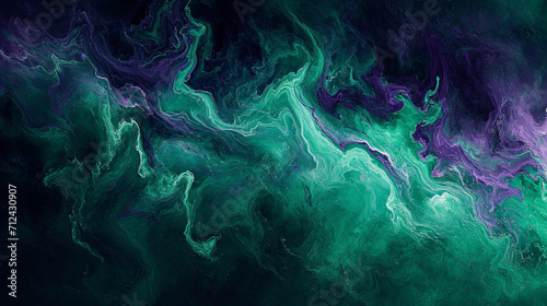 A surreal blend of emerald green and deep purples, flowing together in a magical concoction that brings to mind the mystery of a hidden forest pond, abstract background