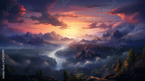 sunset in the mountains for wallpaper background , Generate AI © VinaAmeliaGRPHIC