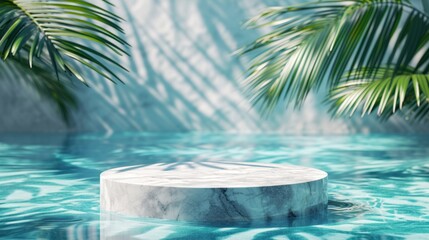 Top view of marble podium stand in swimming pool water with palm leaves. Summer tropical background for luxury product placement.