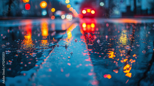 The shimmering surface of an urban road after rainfall, reflecting the cool hues of twilight and the distant glow of traffic lights
