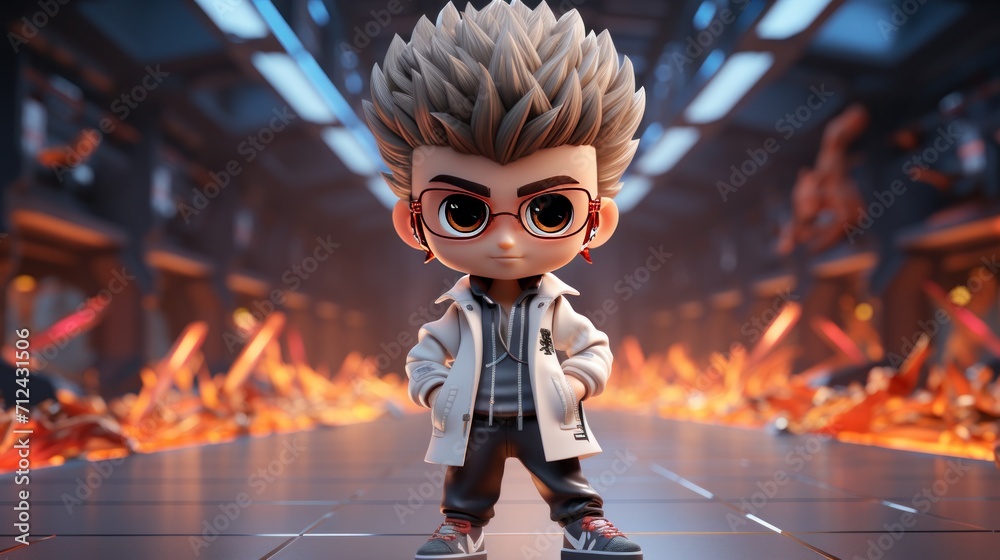 Fototapeta premium 3d anime boy in glasses as a pop star against a golden glow, Chibi-style, banner, copy space