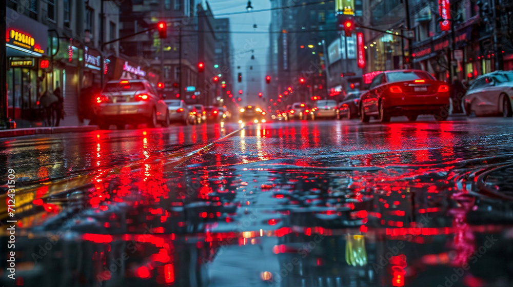 A downtown thoroughfare captured after a storm, its surfaces painted with the reflections of red brake lights and white headlights - obrazy, fototapety, plakaty 