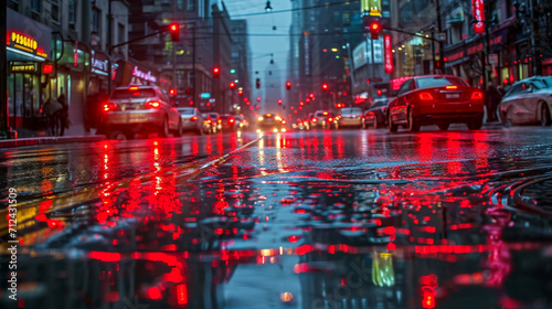 A downtown thoroughfare captured after a storm, its surfaces painted with the reflections of red brake lights and white headlights photo