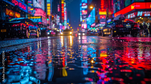 A rain-drenched boulevard under the neon buzz  where every raindrop carries the spectrum of a city s electric heartbeat