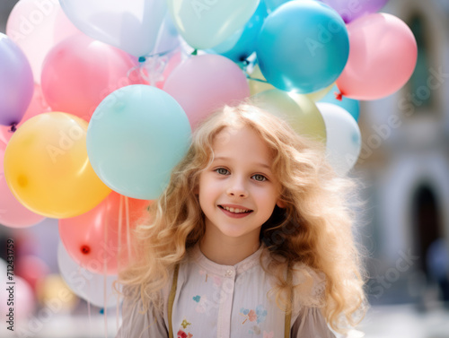 Joyful young girl with a cluster of pastel balloons on a bright, sunny day.