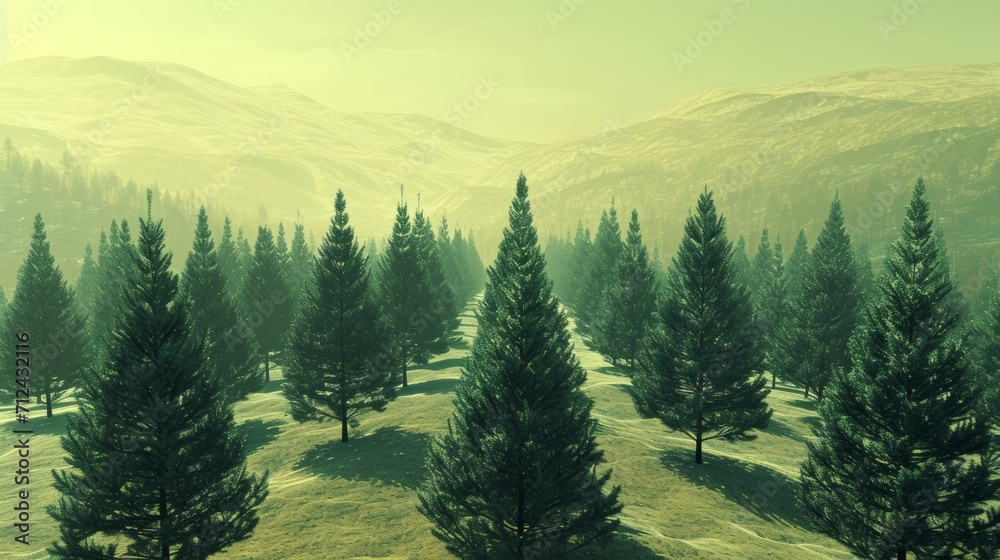 Fototapeta premium Group of Pine Trees on Grassy Hill in Serene Nature Landscape