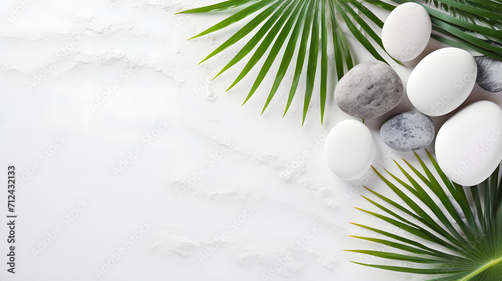 White background with sea stones and palm branch, top view White background with sea stones and palm branch, top view