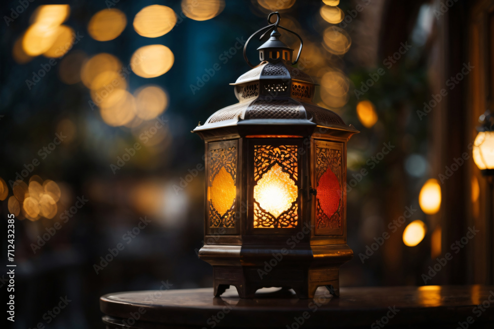 Luminous tradition. A lantern, softly lit by a candle, traditional customs observed during Ramadan Kareem. Wallpaper banner with copy space.