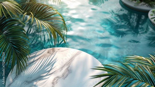 Top view of marble podium stand in swimming pool water with palm leaves. Summer tropical background for luxury product placement.