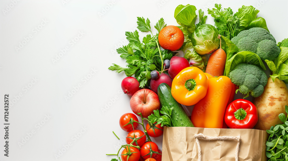 Delivery healthy food background. Healthy vegan vegetarian food in paper bag vegetables and fruits on white background, copy space, banner. Shopping food supermarket and clean vegan eating concept mix