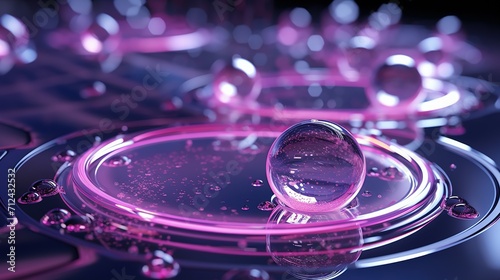 liquid droplet, in the style of luminous spheres, light violet, polished metamorphosis, light-focused. water drops are made of purple lights, in the style of photorealistic still life, molecular