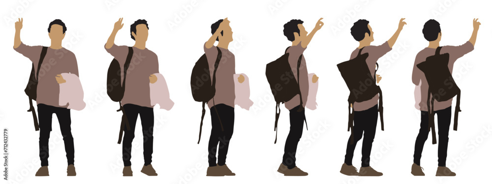 Vector concept conceptual  silhouette of a young man with a backpack standing from different perspectives isolated on white background. A metaphor for travel, adventure, relaxation and lifestyle