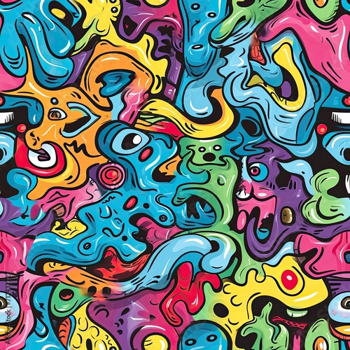 Vibrant Funky Doodles Abstract Seamless Pattern Design.