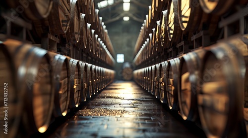 Row of Wooden Barrels Aligned Closely in a Neat Formation