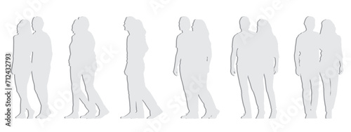 Vector concept conceptual gray paper cut silhouette of a couple walking from different perspectives isolated on white background. A metaphor for love, happiness, relationship, family and lifestyle