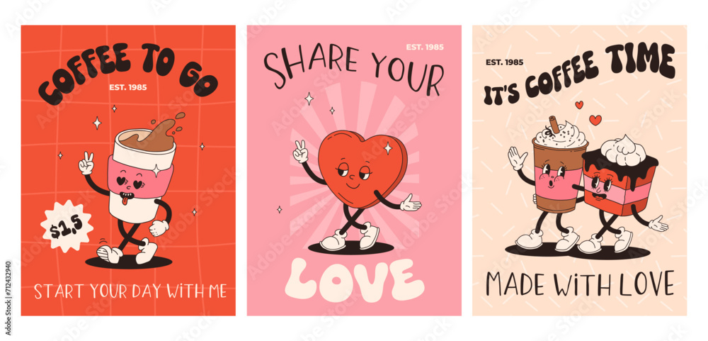 Valentine's Day set of vintage posters. Happy and cheerful retro mascots. Old animation 50s 60s 70s, groovy cartoon characters of coffee sweets and hearts, donut, cupcake, espresso, latte, present