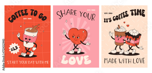 Valentine's Day set of vintage posters. Happy and cheerful retro mascots. Old animation 50s 60s 70s, groovy cartoon characters of coffee sweets and hearts, donut, cupcake, espresso, latte, present