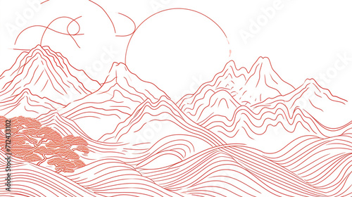 Abstract Vector Japanese Mountain Wave Line Art Print background. Soft pastel colour harmony. Vector Graphics of Contemporary. Fuji. Chinese. Aesthetic, Featuring Majestic Mountain Scenes. pattern