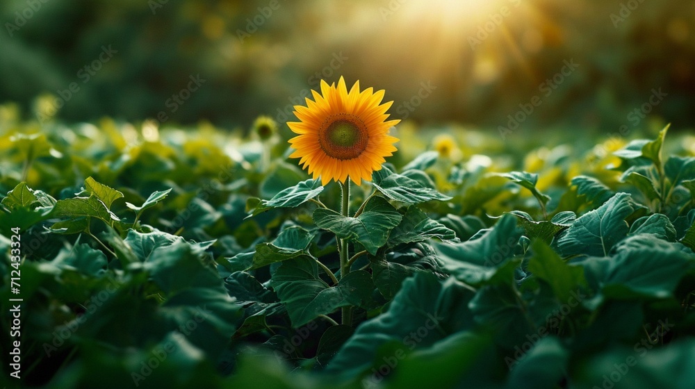 A solitary sunflower standing tall amidst a sea of green. - obrazy, fototapety, plakaty 