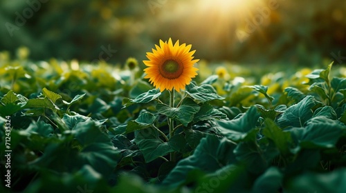 A solitary sunflower standing tall amidst a sea of green.