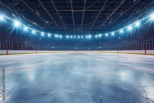 An empty hockey rink with lights shining on the ice. Perfect for sports enthusiasts and hockey fans.