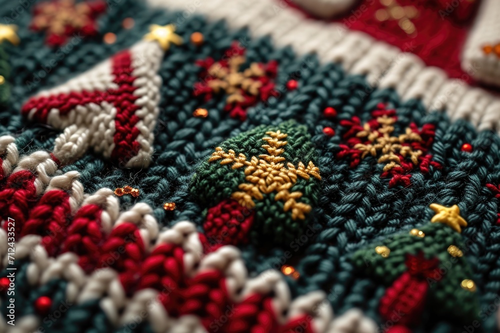 A detailed close up of a crocheted Christmas blanket. Perfect for adding a cozy holiday touch to any home decor or holiday-themed projects A detailed close up of a crocheted Christmas blanket. Perfect for adding a cozy holiday touch to any home decor or holiday-themed projects