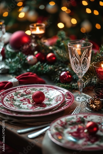 A beautifully set table for a holiday dinner, adorned with candles and festive ornaments.
