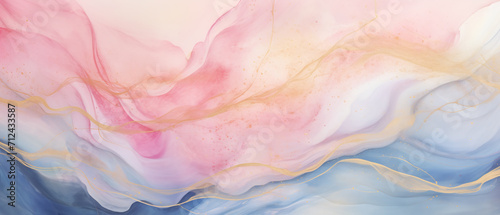 Abstract watercolor background, pink, blue, and golden colors, wavy background.