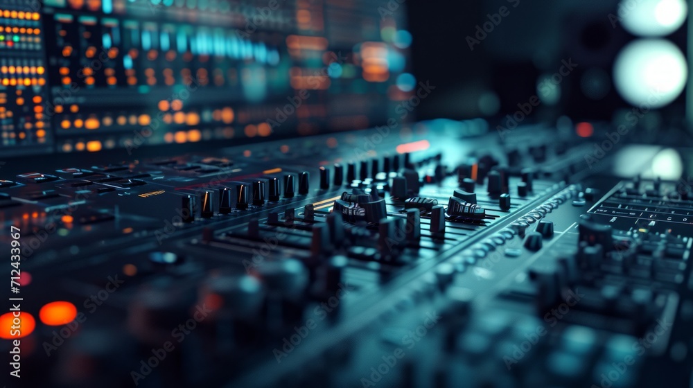 Close Up of Sound Mixing Console, Control Panel for Audio Mixing and Editing