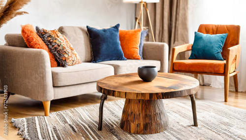 Accent ellipse coffee table near fabric corner sofa. Boho ethnic home interior design of modern living room. photo