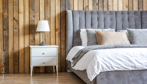 Bedside drawer nightstand and lamp near bed with grey fabric headboard against wood paneling wall. Farmhouse interior design of modern bedroom.