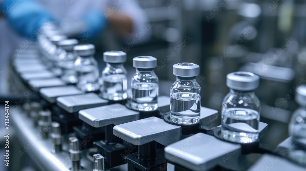 Bottles on a conveyor belt, ready for packaging. Suitable for manufacturing, production, or packaging concepts Bottles on a conveyor belt, ready for packaging. Suitable for manufacturing, production, or packaging concepts