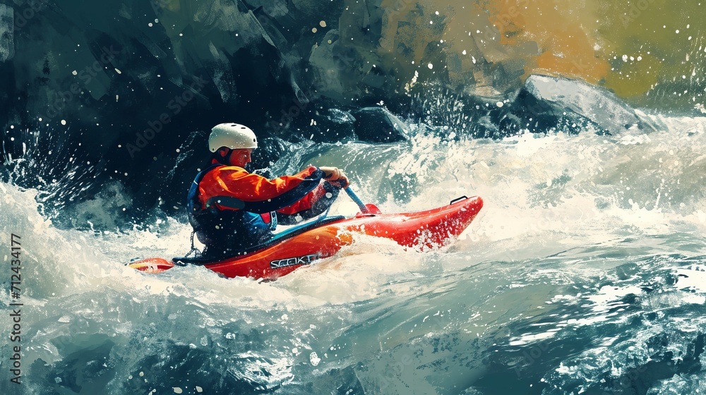 Man Riding Red Kayak on River for Outdoor Adventure and Recreation